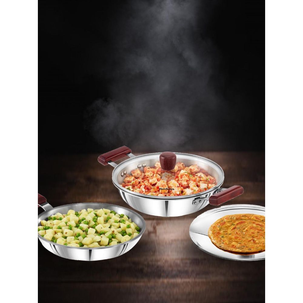 Hawkins Triniti 3 Pieces Triply Stainless Steel Cookware Set 1 - Frying Pan, Tava, Deep-Fry Pan with Glass Lid, Silver (SSET1)
