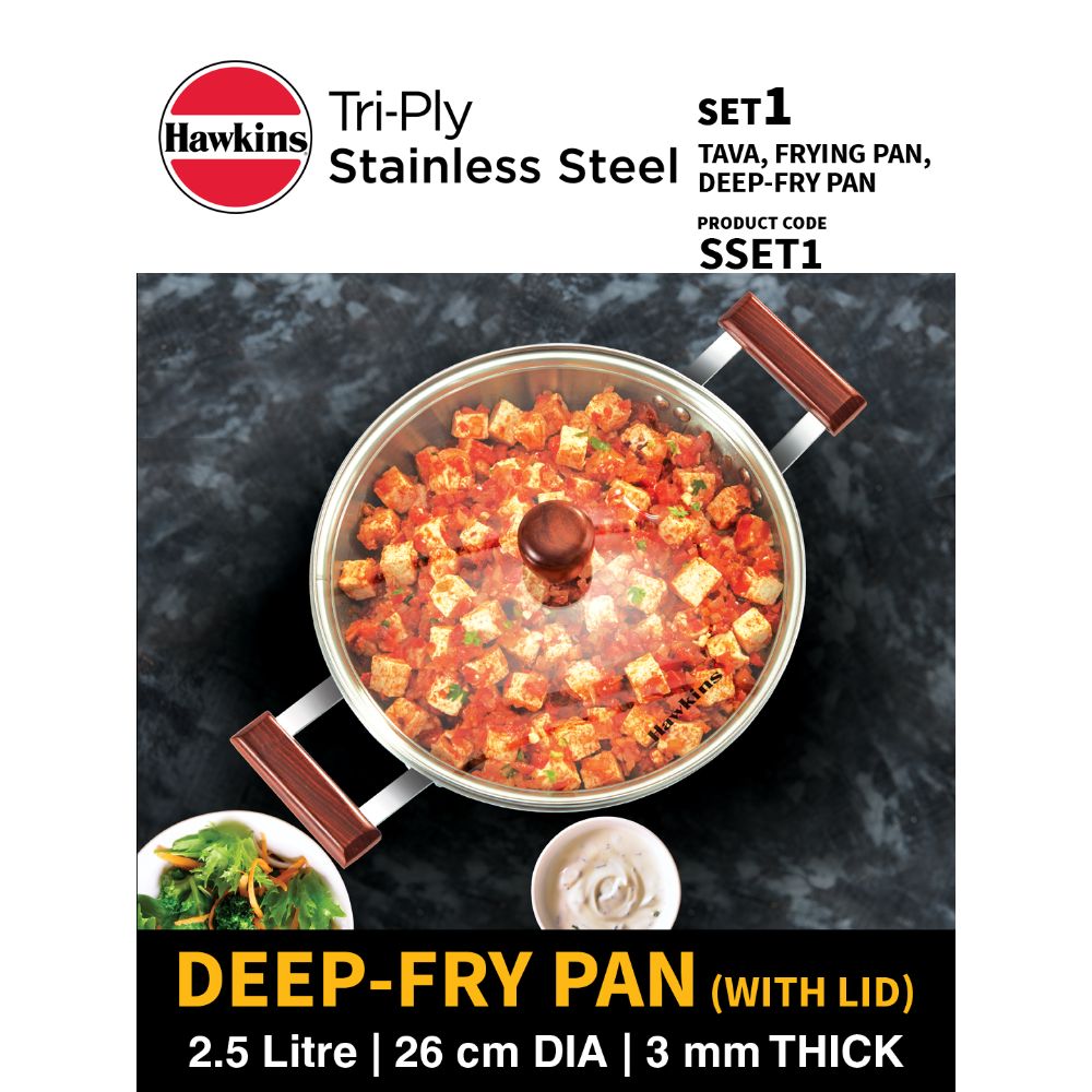 Hawkins Triniti 3 Pieces Triply Stainless Steel Cookware Set 1 - Frying Pan, Tava, Deep-Fry Pan with Glass Lid, Silver (SSET1)