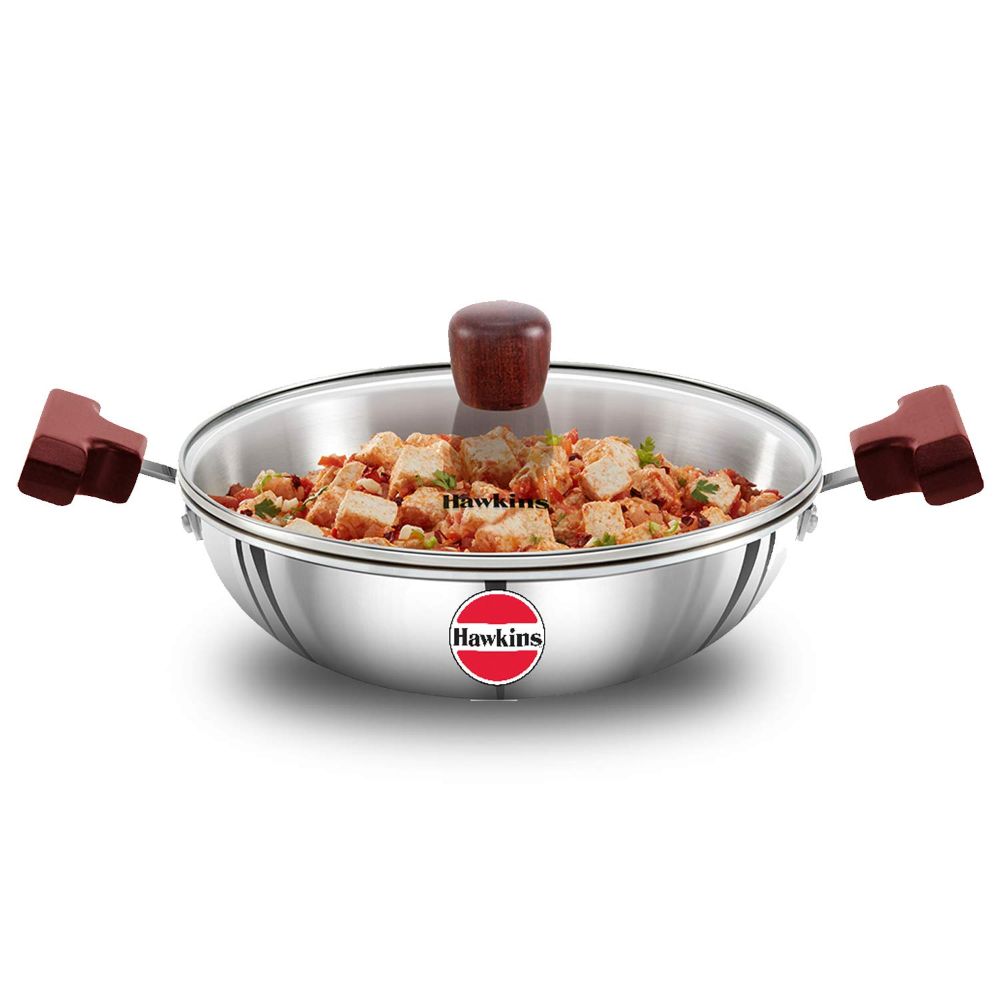 Hawkins 1.5 Litre Deep Fry Pan, Triply Stainless Steel Kadai with Glass Lid, Flat Bottom Induction Kadhai, Small Kadai, Silver (SSD15G)