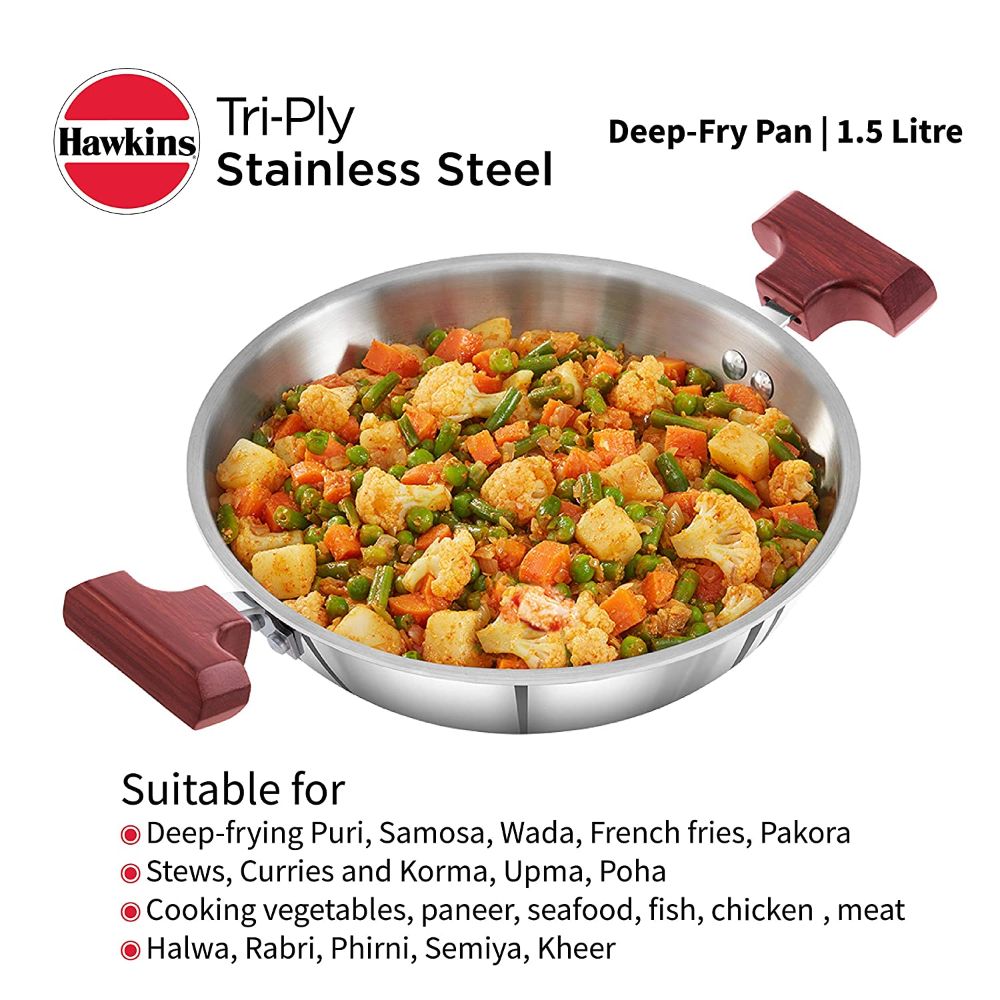 Hawkins 1.5 Litre Deep Fry Pan, Triply Stainless Steel Kadai, Flat Bottom Induction Kadhai, Small Kadai, Silver (SSD15)