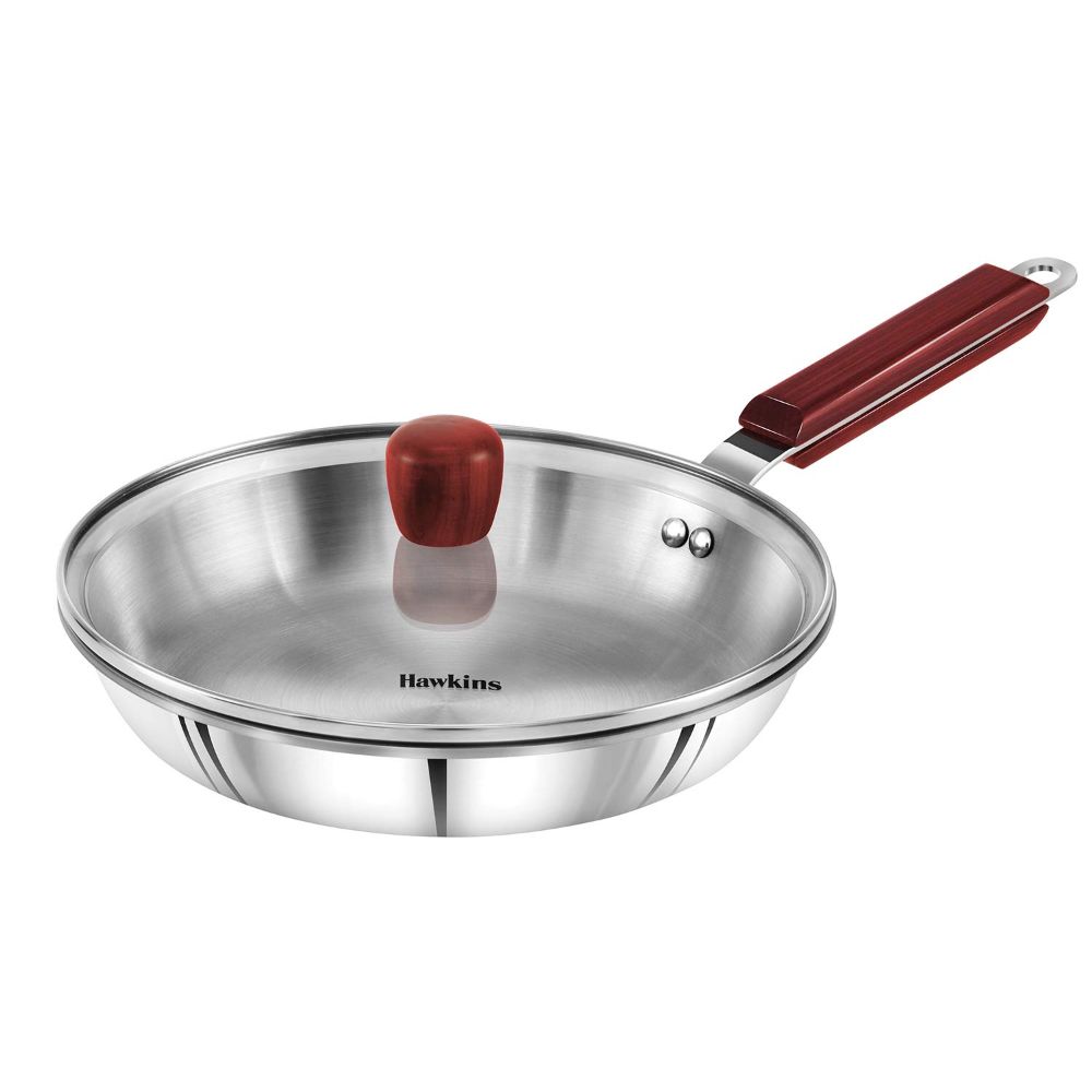 Hawkins 26 cm Frying Pan, Triply Stainless Steel Fry Pan with Glass Lid, Induction Frying Pan, Frypan, Silver (SSF26G)