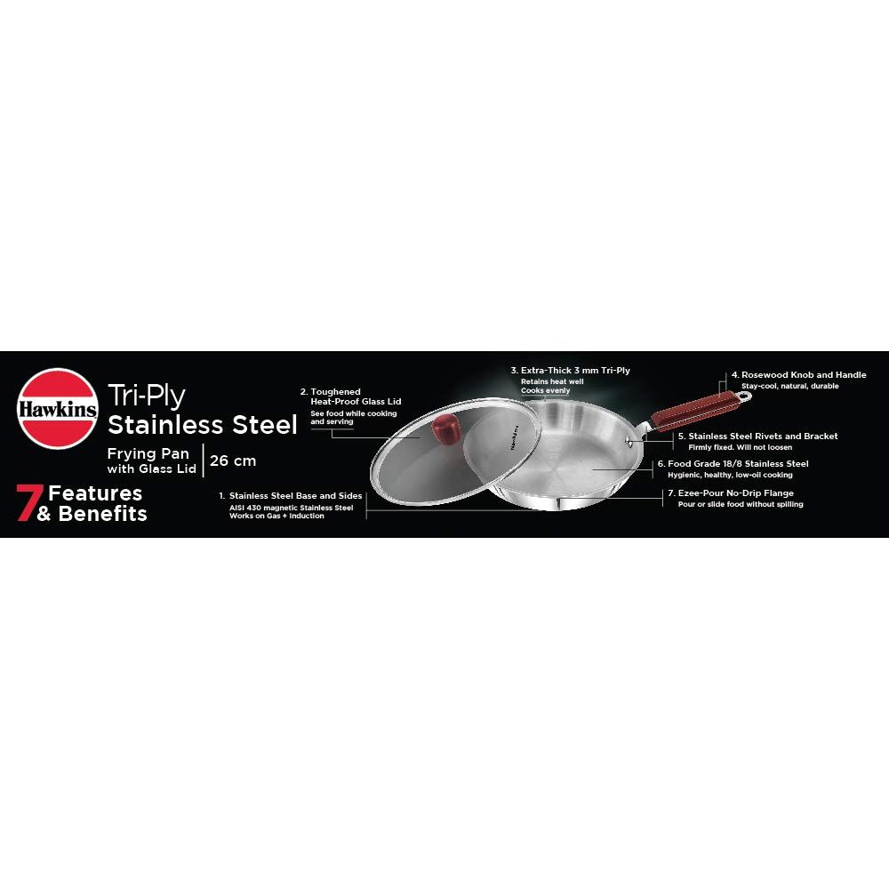 Hawkins 26 cm Frying Pan, Triply Stainless Steel Fry Pan with Glass Lid, Induction Frying Pan, Frypan, Silver (SSF26G)