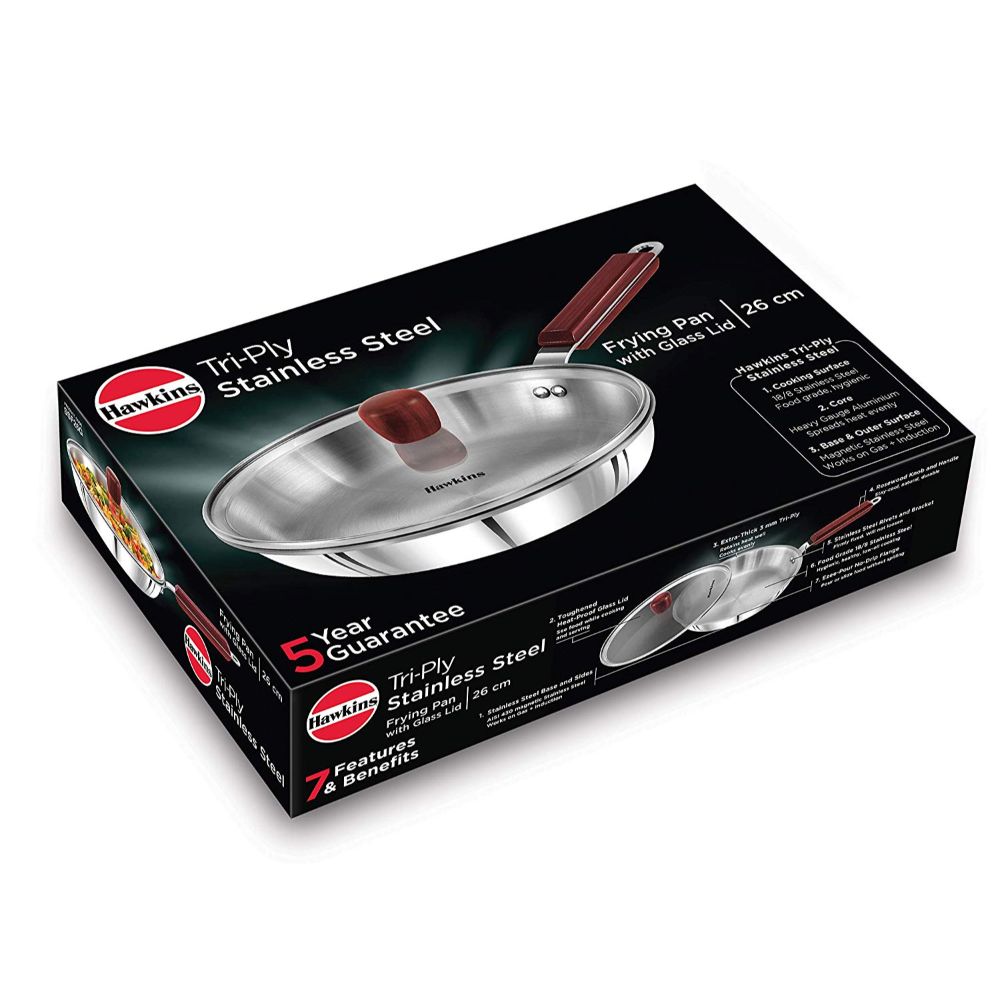 Hawkins 26 cm Frying Pan, Triply Stainless Steel Fry Pan with Glass Lid, Induction Frying Pan, Frypan, Silver (SSF26G)
