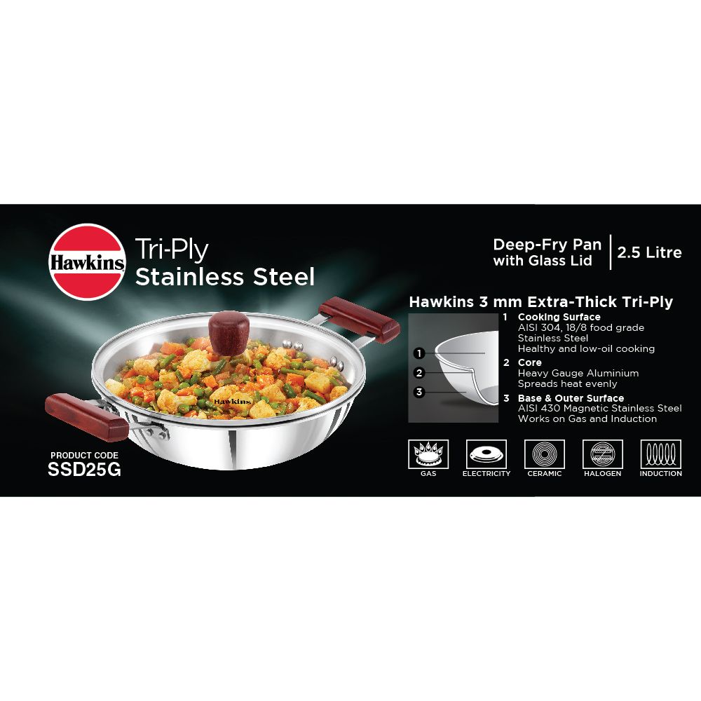 Hawkins 2.5 Litre Deep Fry Pan, Triply Stainless Steel Kadai with Glass Lid, Flat Bottom Induction Kadhai, Silver (SSD25G)