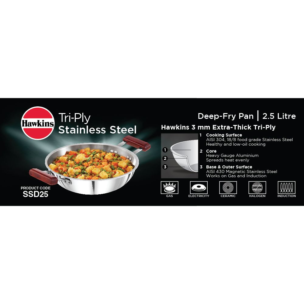 Hawkins 2.5 Litre Deep Fry Pan, Triply Stainless Steel Kadai, Flat Bottom Induction Kadhai, Silver (SSD25)