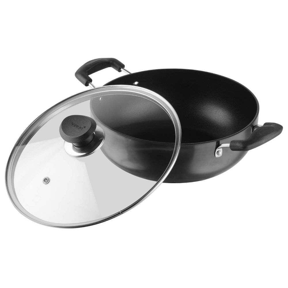 Vinod Hanos Non-Stick Deep Kadai/Kadhai with Glass Lid 22 cm/2.6 litres Hard Anodised Non-Stick Coating with Riveted Handles Deep Frying Pan Black (Induction Friendly) dly Black