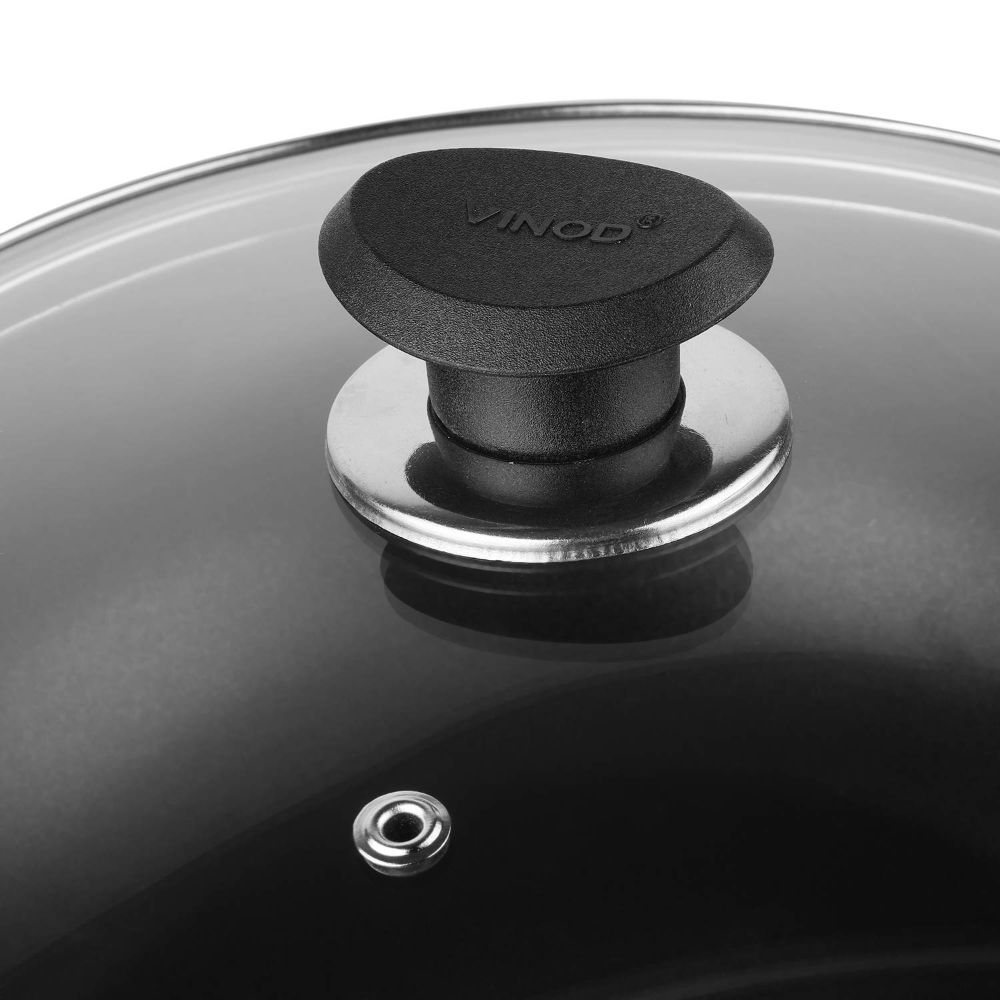 Vinod Hanos Non-Stick Deep Kadai/Kadhai with Glass Lid 22 cm/2.6 litres Hard Anodised Non-Stick Coating with Riveted Handles Deep Frying Pan Black (Induction Friendly) dly Black