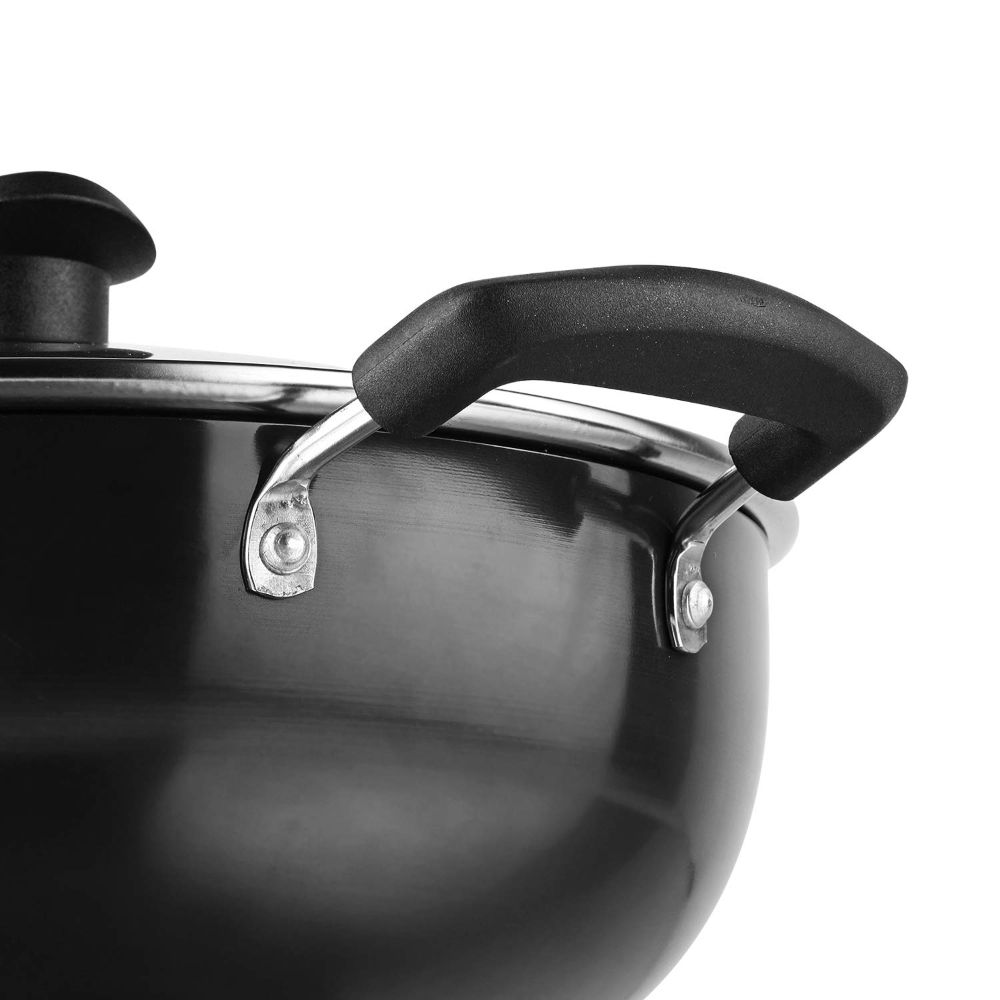 Vinod Hanos Non-Stick Deep Kadai/Kadhai with Glass Lid 22 cm/2.6 litres Hard Anodised Non-Stick Coating with Riveted Handles Deep Frying Pan Black (Induction Friendly) dly Black