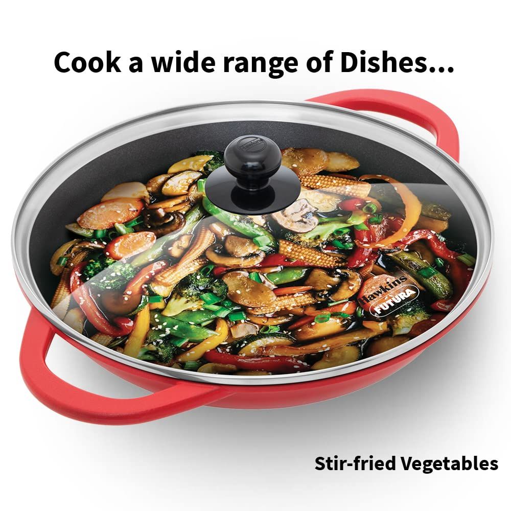 Hawkins 3 Litre Shallow Kadhai, Die Cast Non Stick Frying Pan with Glass Lid, Ceramic Coated Pan, Induction Shallow Frying Pan, Frying Pan, Red (IDCSK3G)