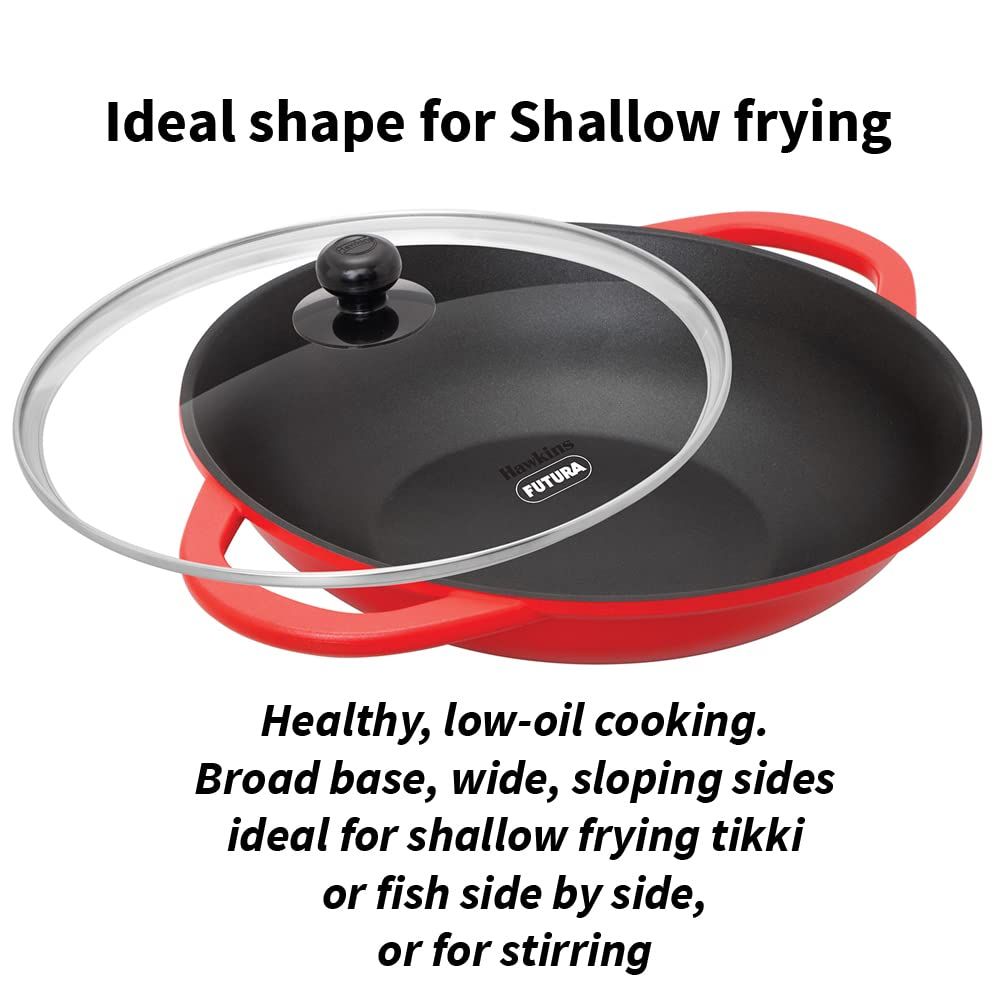 Hawkins 3 Litre Shallow Kadhai, Die Cast Non Stick Frying Pan with Glass Lid, Ceramic Coated Pan, Induction Shallow Frying Pan, Frying Pan, Red (IDCSK3G)