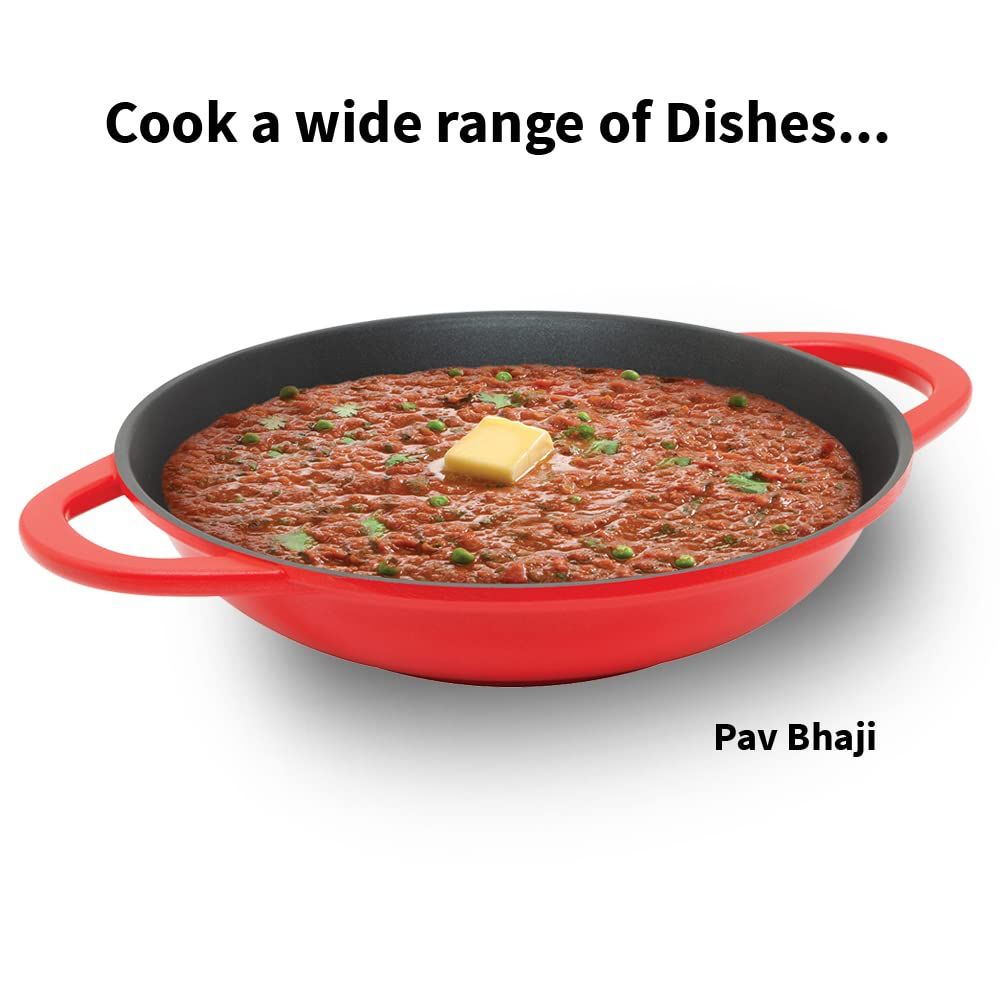 Hawkins 3 Litre Shallow Kadhai, Die Cast Non Stick Frying Pan with Glass Lid, Ceramic Coated Pan, Induction Shallow Frying Pan, Frying Pan, Red (IDCSK3G)