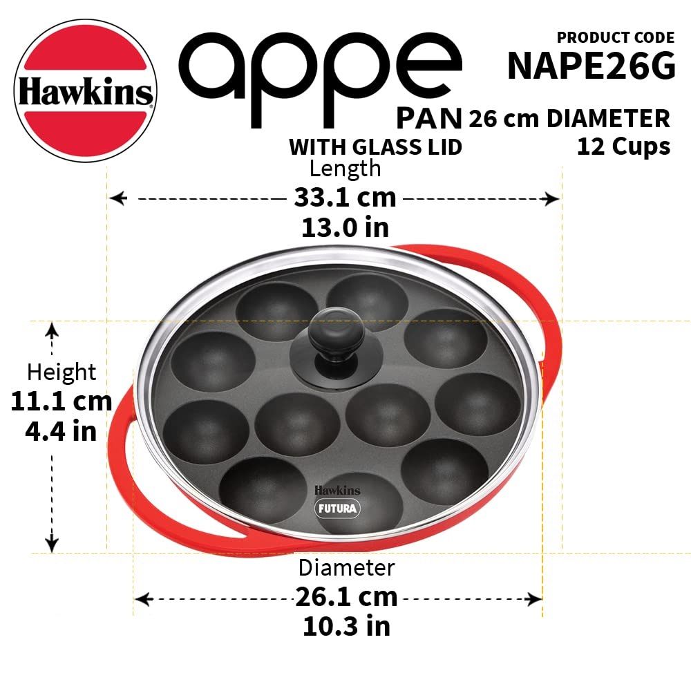 Hawkins 26 cm Appe Pan, Non Stick Paniyaram Pan with Glass Lid, 12 Cups Paniyarakkal Ceramic Pan, Litti Pan, Kuzhi Paniyaram Pan, Ponganalu Pan, Red (NAPE26G)