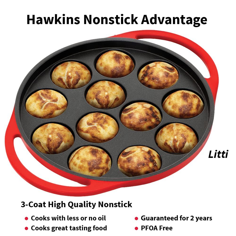 Hawkins 26 cm Appe Pan, Non Stick Paniyaram Pan with Glass Lid, 12 Cups Paniyarakkal Ceramic Pan, Litti Pan, Kuzhi Paniyaram Pan, Ponganalu Pan, Red (NAPE26G)