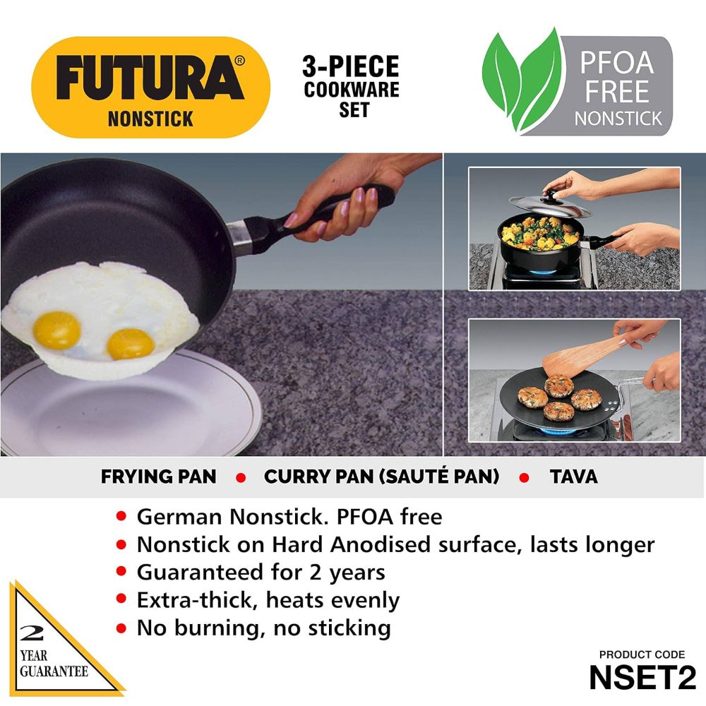 Futura Nonstick Cookware Set No. 2 • TAVA: 26 cm Dia; 4.88 mm Thick • Frying PAN: 26 cm Dia;3.25 mm Thick • Curry PAN (Saute PAN): with Stainless Steel Lid 3.25 Litre; 3.25 mm Thick