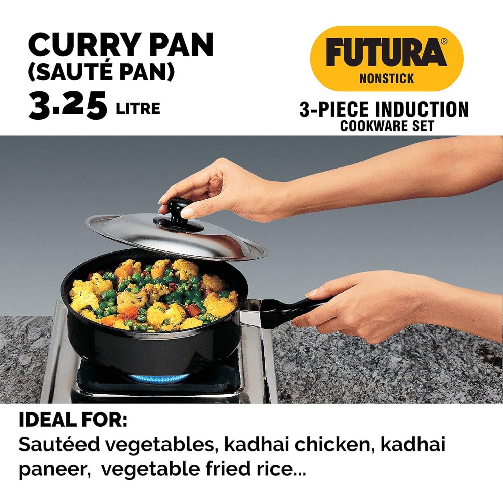 Futura Nonstick Cookware Set No. 2 • TAVA: 26 cm Dia; 4.88 mm Thick • Frying PAN: 26 cm Dia;3.25 mm Thick • Curry PAN (Saute PAN): with Stainless Steel Lid 3.25 Litre; 3.25 mm Thick