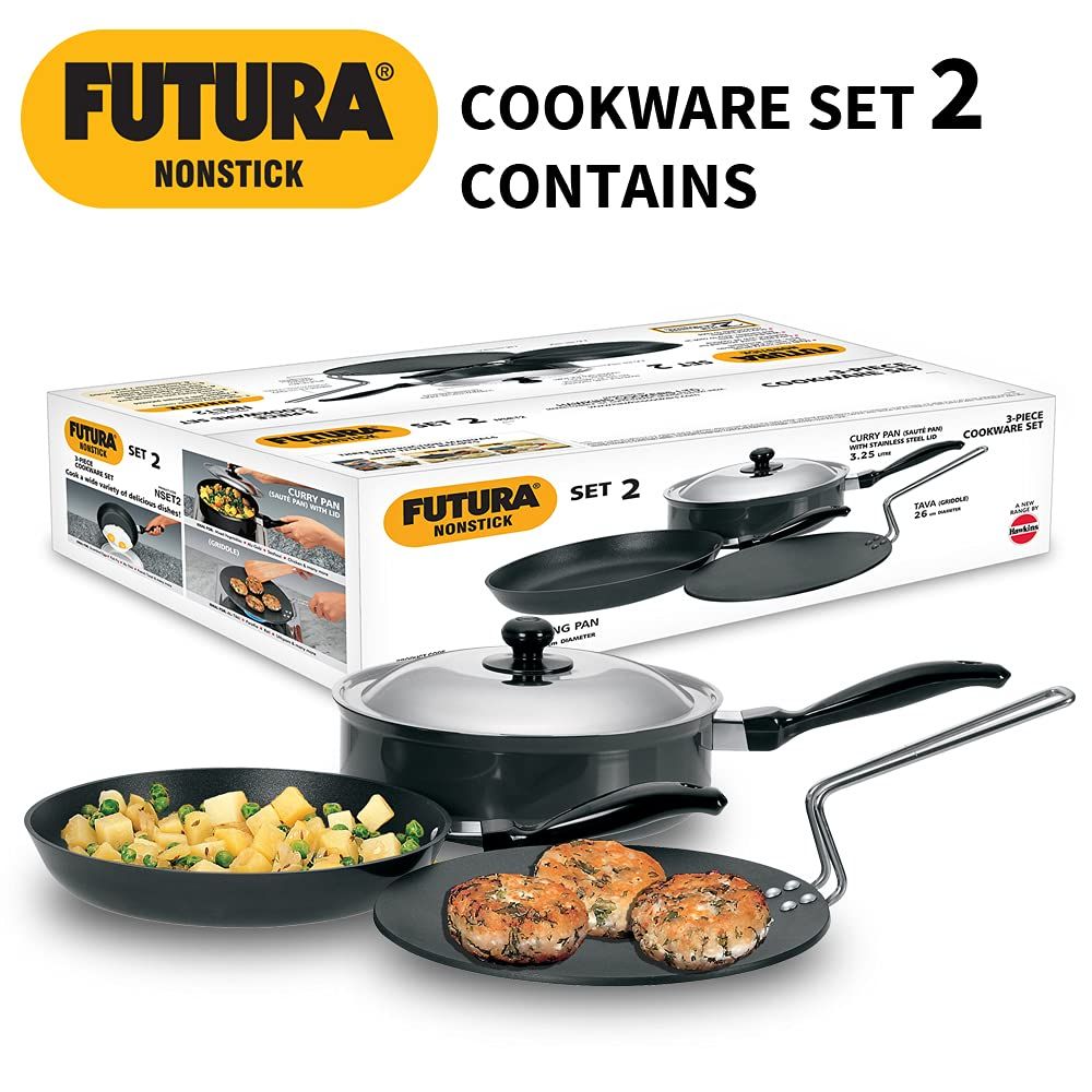 Futura Nonstick Cookware Set No. 2 • TAVA: 26 cm Dia; 4.88 mm Thick • Frying PAN: 26 cm Dia;3.25 mm Thick • Curry PAN (Saute PAN): with Stainless Steel Lid 3.25 Litre; 3.25 mm Thick
