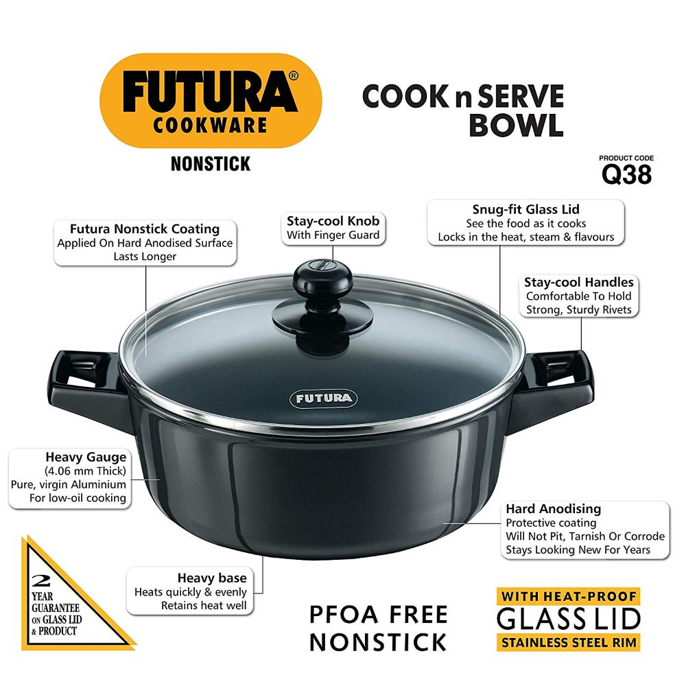 Hawkins Futura 3 Litre Cook n Serve Bowl, Non Stick Saucepan with Glass Lid, Sauce Pan for Cooking and Serving, Black (NCB30G)