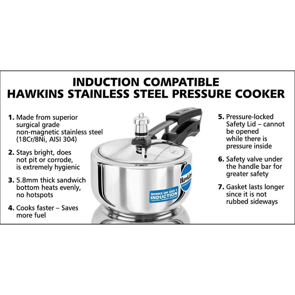 Hawkins Stainless Steel Induction Compatible Inner Lid Pressure Cooker, 2 Litre, Silver (HSS20)