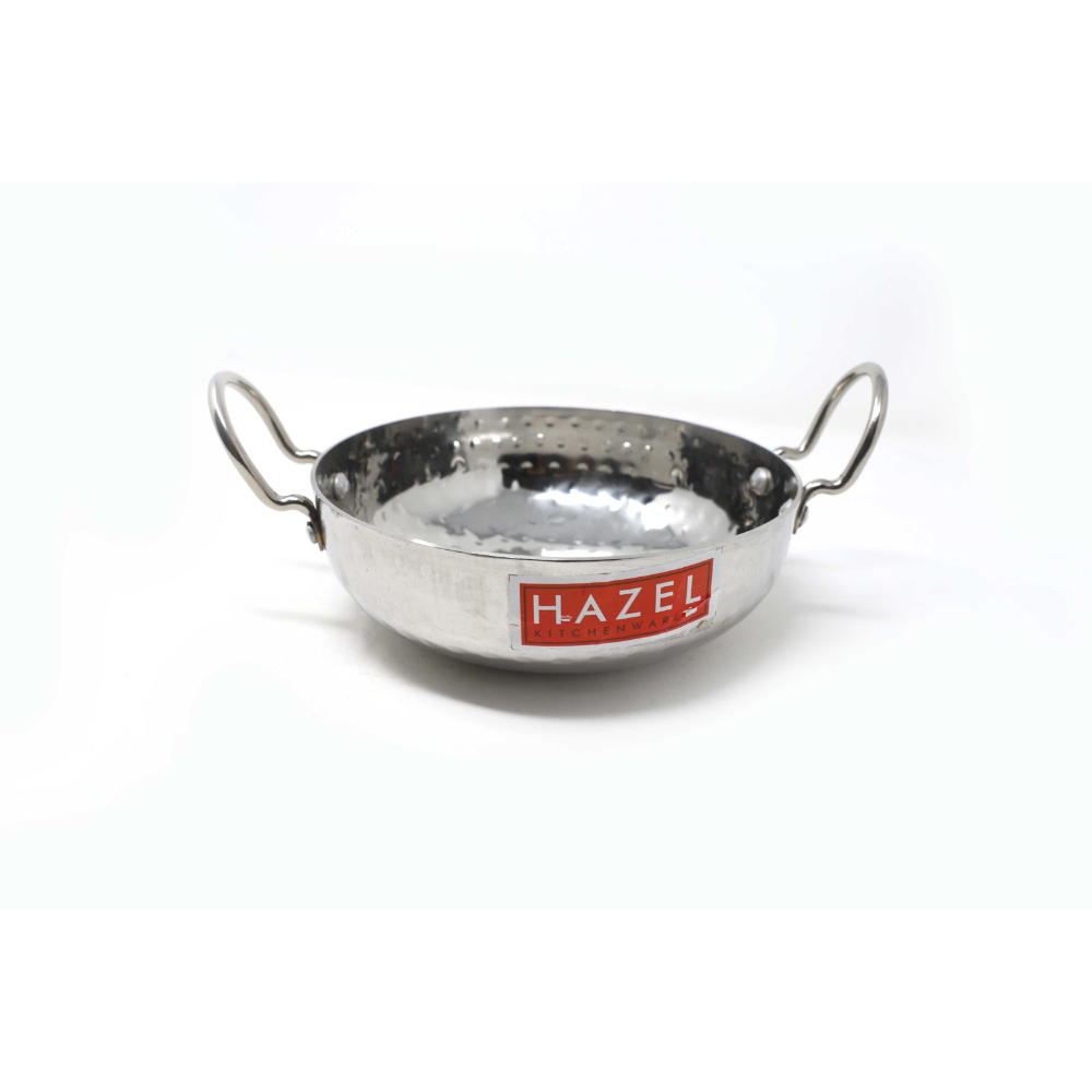 HAZEL Hammered Tone Stainless Steel Deep Kadhai, Diameter 18 cm, Silver
