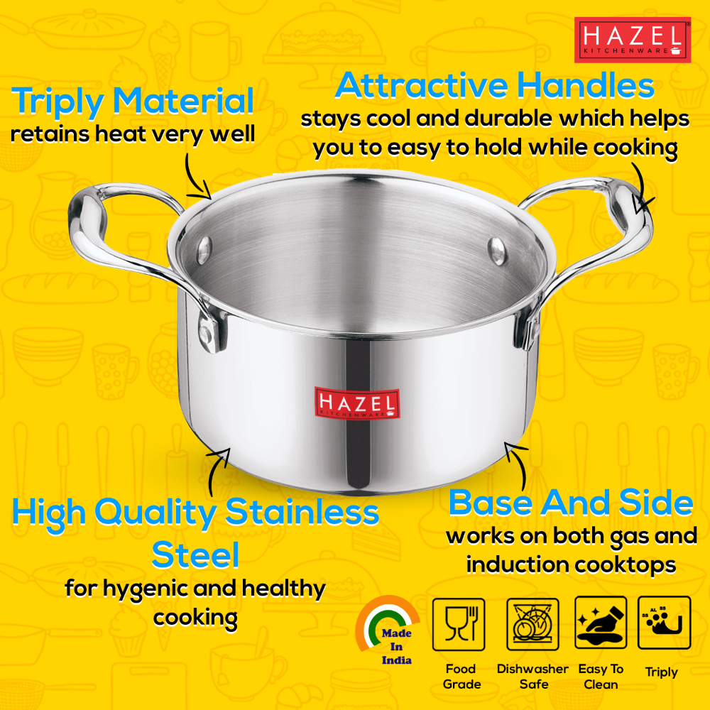 HAZEL Triply Stainless Steel Induction Bottom Tope with Handle, 3.6 Litre, 20.5 cm
