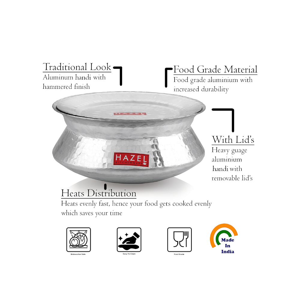 HAZEL Aluminium Hammered Finish Handi With Lid Biryani Rice Cooking Pot Dhari Patiya Tope Patila Vessel, 26 cm, 4600 ML