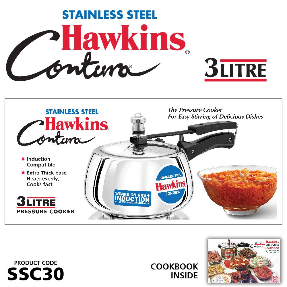 Hawkins Contura Stainless Steel Pressure Cooker with Induction Compatible Base  (SSC30), 3Litre