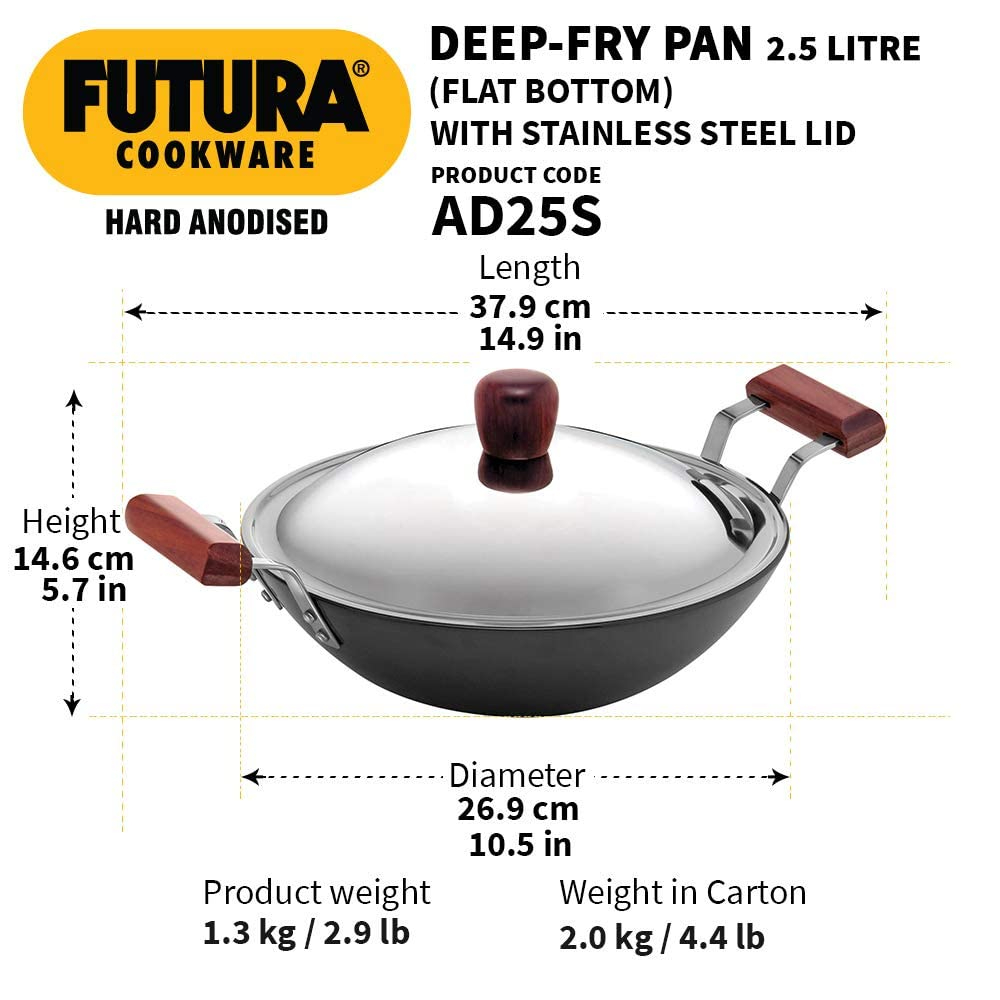 Hawkins Futura Hard Anodised 4.06 mm Deep-Fry Pan With Stainless Steel Lid 2.5 Ltr, 26 cm, Black