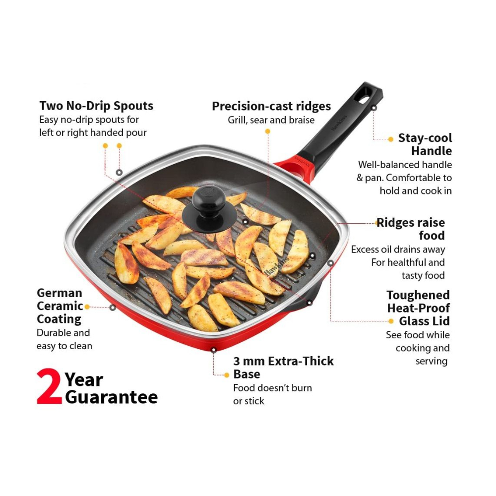Hawkins 30 cm Grill Pan, Non Stick Die Cast Grilling Pan with Glass Lid, Square Grill Pan for Gas Stove, Ceramic Coated Pan, Roast Pan, Red