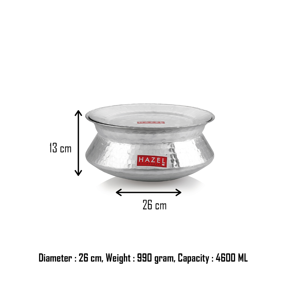 HAZEL Aluminium Hammered Finish Handi With Lid Biryani Rice Cooking Pot Dhari Patiya Tope Patila Vessel, 26 cm, 4600 ML