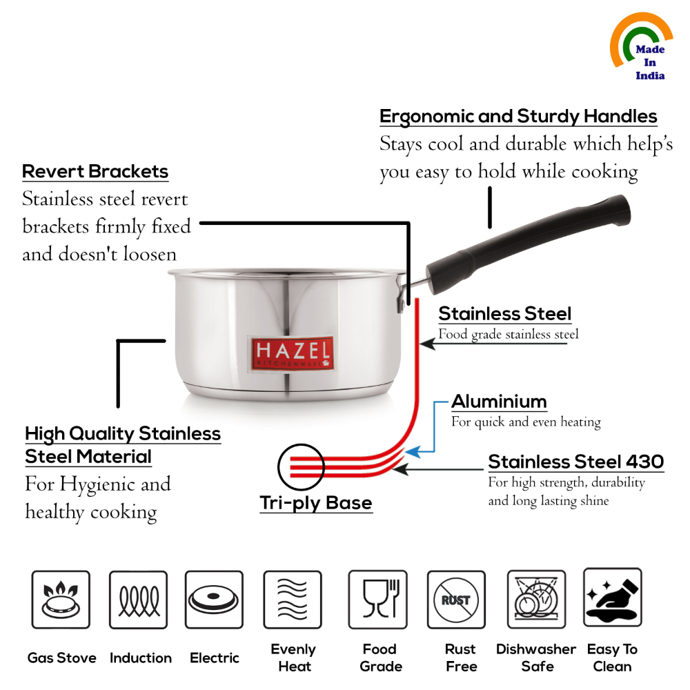 HAZEL Induction Bottom Sauce Pan Stainless Steel Saucepan Deep Bottom With Handle Induction Base For Tea Milk Maker Vessel Cooking, 12.6 cm, 900 ML