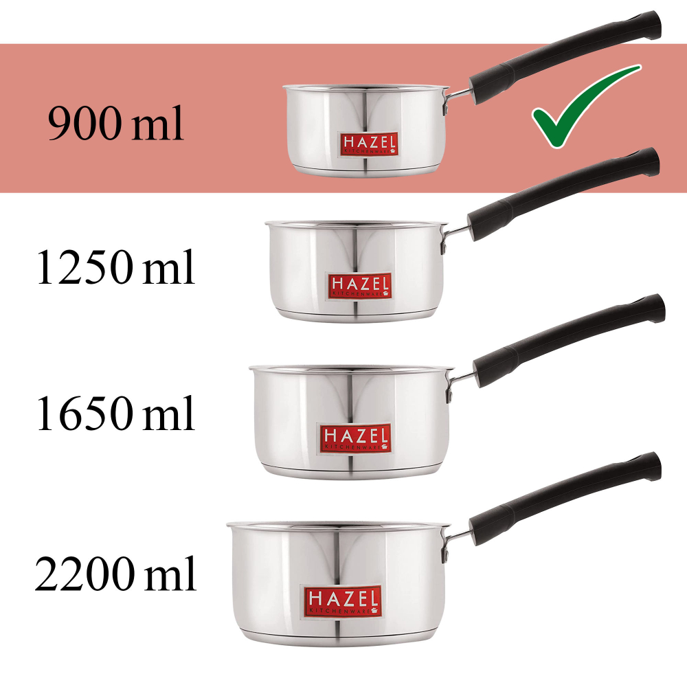 HAZEL Induction Bottom Sauce Pan Stainless Steel Saucepan Deep Bottom With Handle Induction Base For Tea Milk Maker Vessel Cooking, 12.6 cm, 900 ML