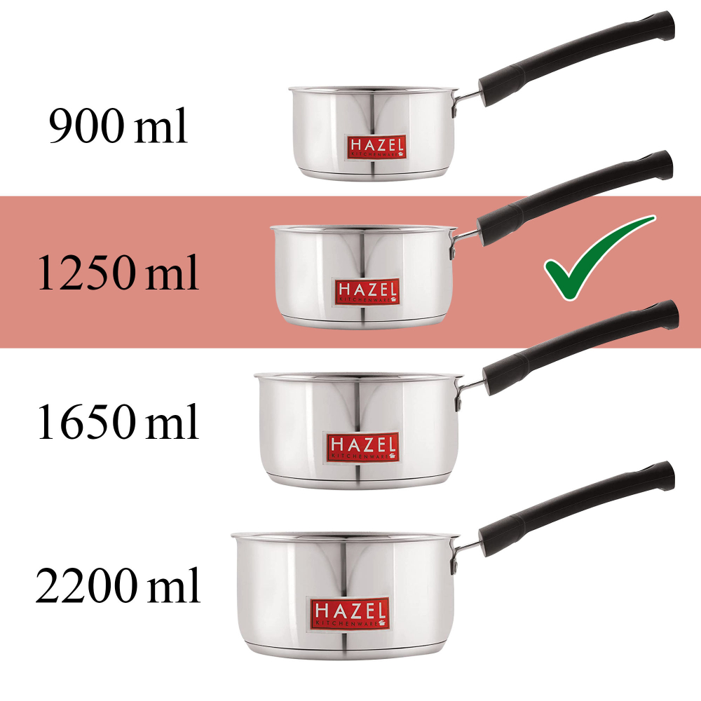 HAZEL Induction Bottom Sauce Pan Stainless Steel Saucepan Deep Bottom With Handle Induction Base For Tea Milk Maker Vessel Cooking, 14.2 cm, 1250 ML