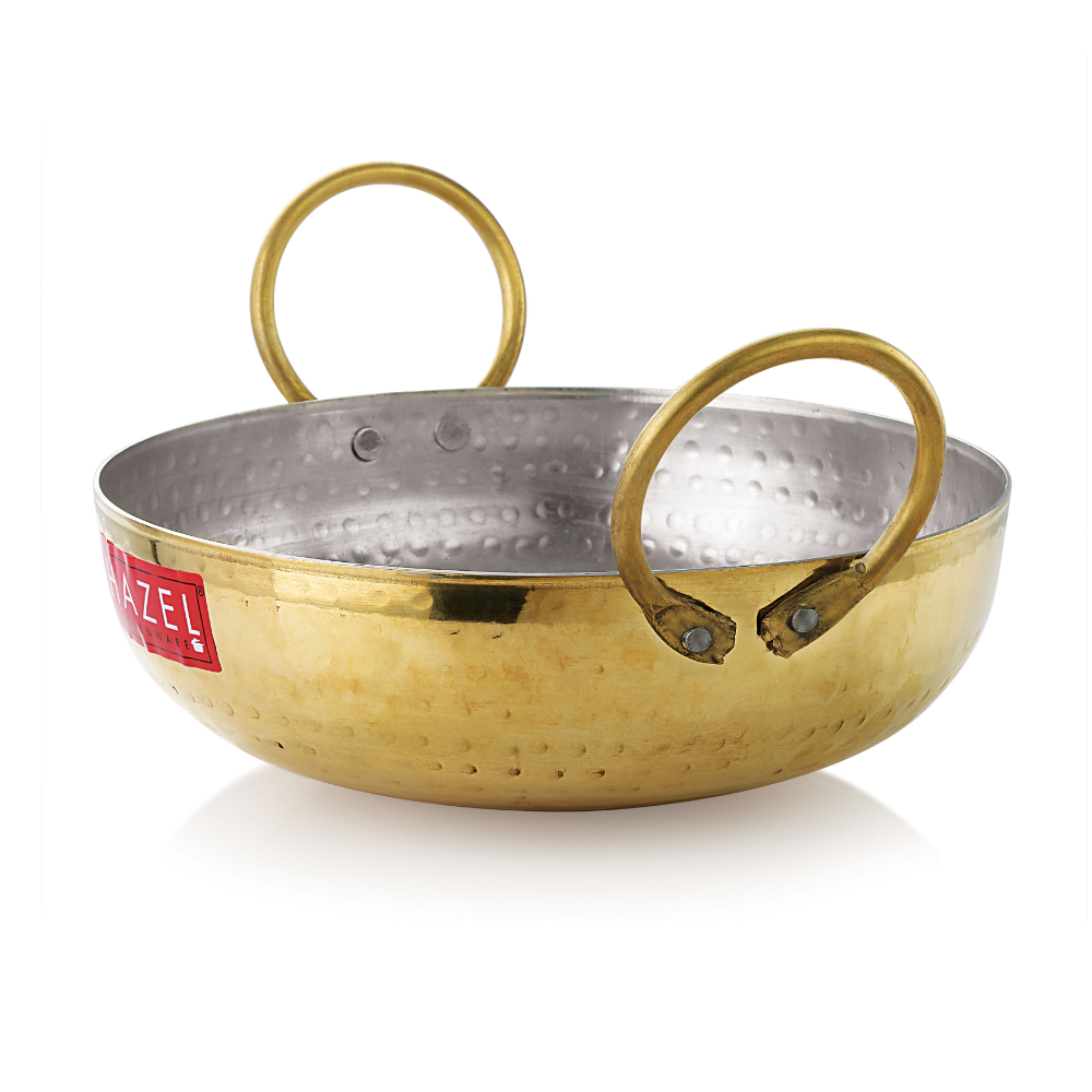 HAZEL Brass Kadai with Kalai | 100% Pure Brass Kadhai with Tin Coating | Hammered Pital Kadai for Cooking and Serving | Brass Utensils For Kitchen, 2650 ML, 24 cm