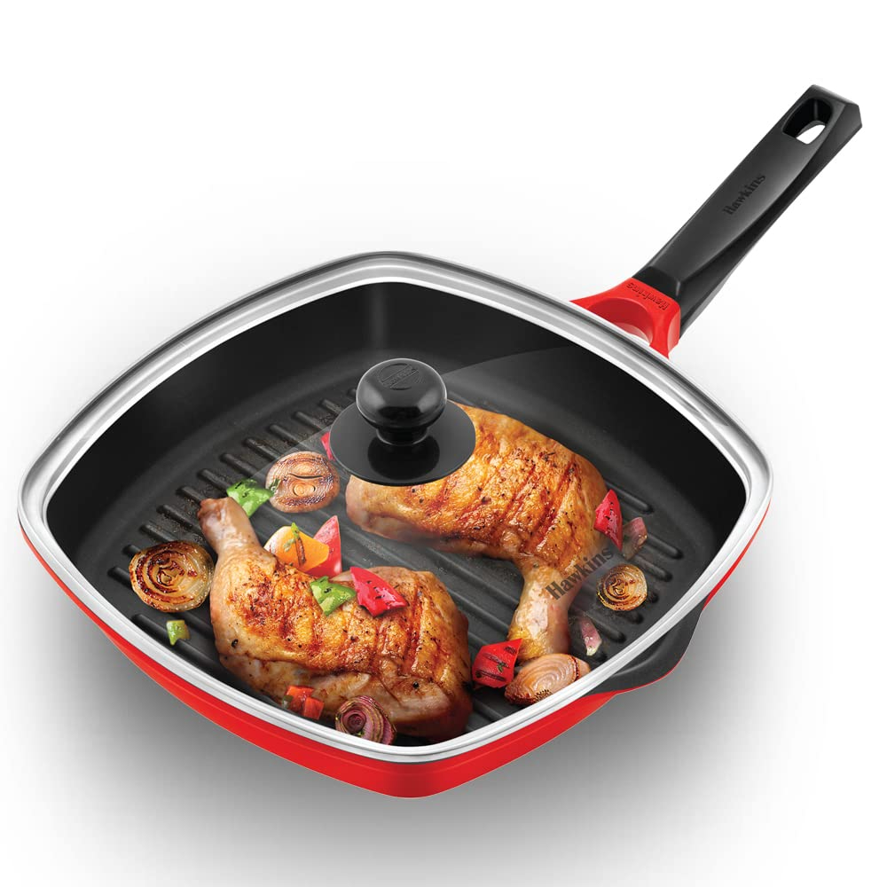 Hawkins 30 cm Grill Pan, Non Stick Die Cast Grilling Pan with Glass Lid, Square Grill Pan for Gas Stove, Ceramic Coated Pan, Roast Pan, Red