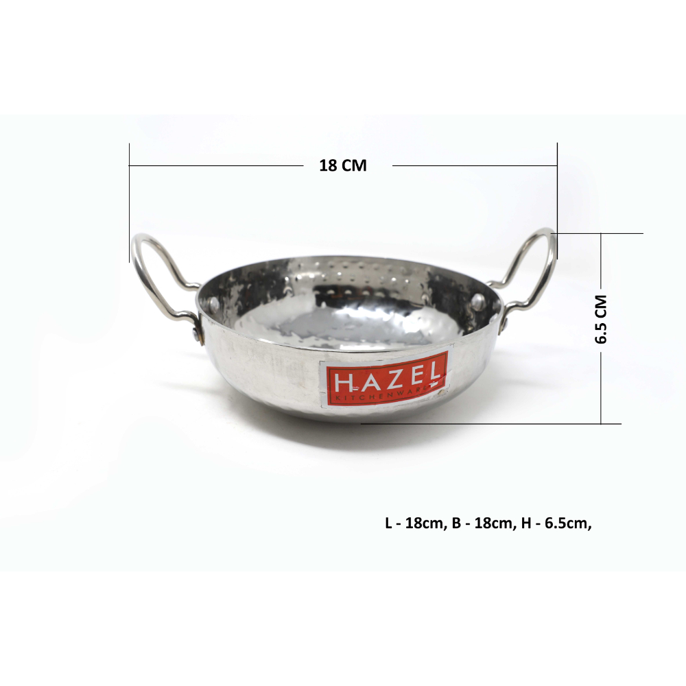 HAZEL Hammered Tone Stainless Steel Deep Kadhai, Diameter 18 cm, Silver