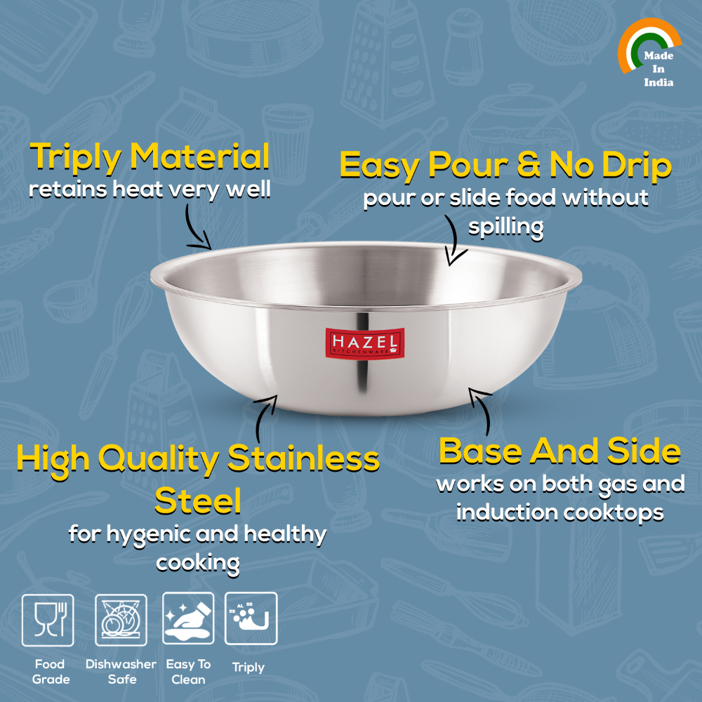 HAZEL Triply Stainless Steel Induction Bottom Tasra, 1.2 Litre, 18.5 cm