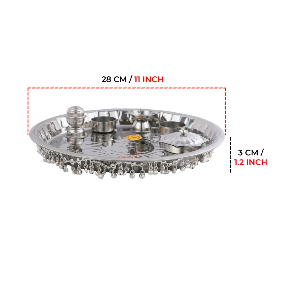 HAZEL Gungroo Pooja Steel Thali, Silver