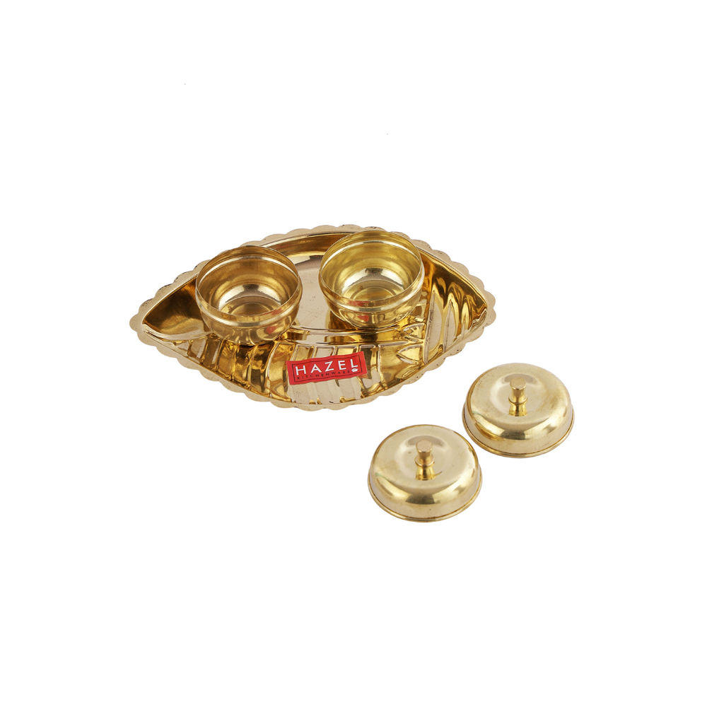HAZEL Shank Karma Brass Puja Pooja Aarti Golden Thali, Golden