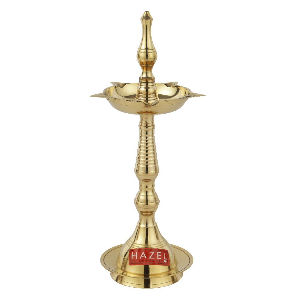 HAZEL Brass Fancy Kerela Samay Diya Oil Diwali Puja Lamp, Golden