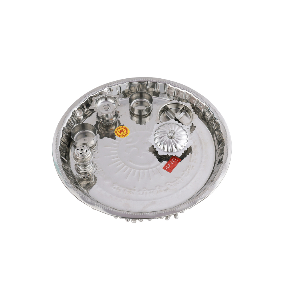 HAZEL Gungroo Pooja Steel Thali, Small, Silver