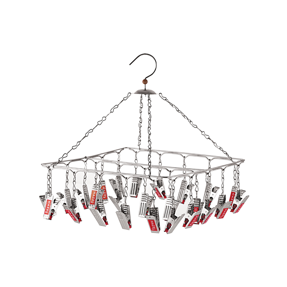 HAZEL Stainless Steel Square Hanger, 25 Clips with Plastic Grip, Silver