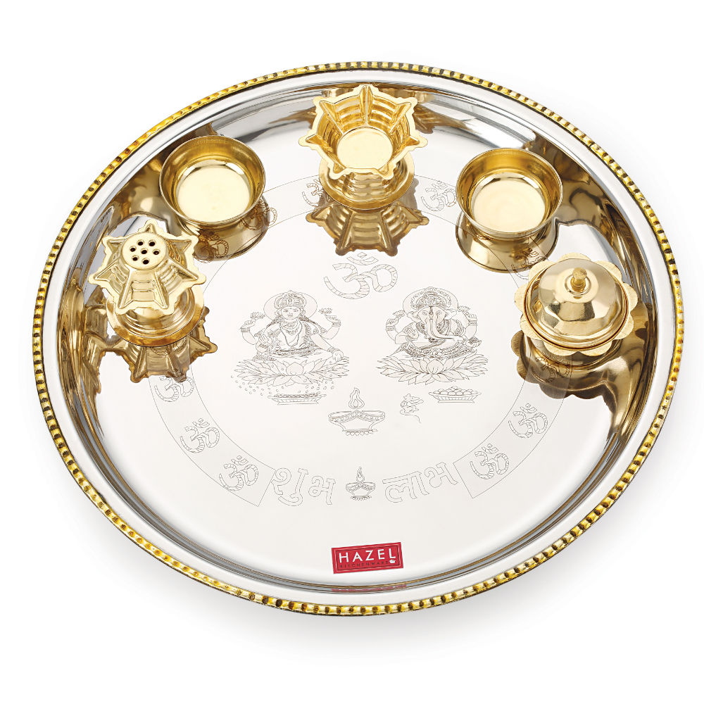 HAZEL Stainless Steel Puja Pooja Aarti Thali Set With 1pc Diya and 2pc wati 28 cm, Silver