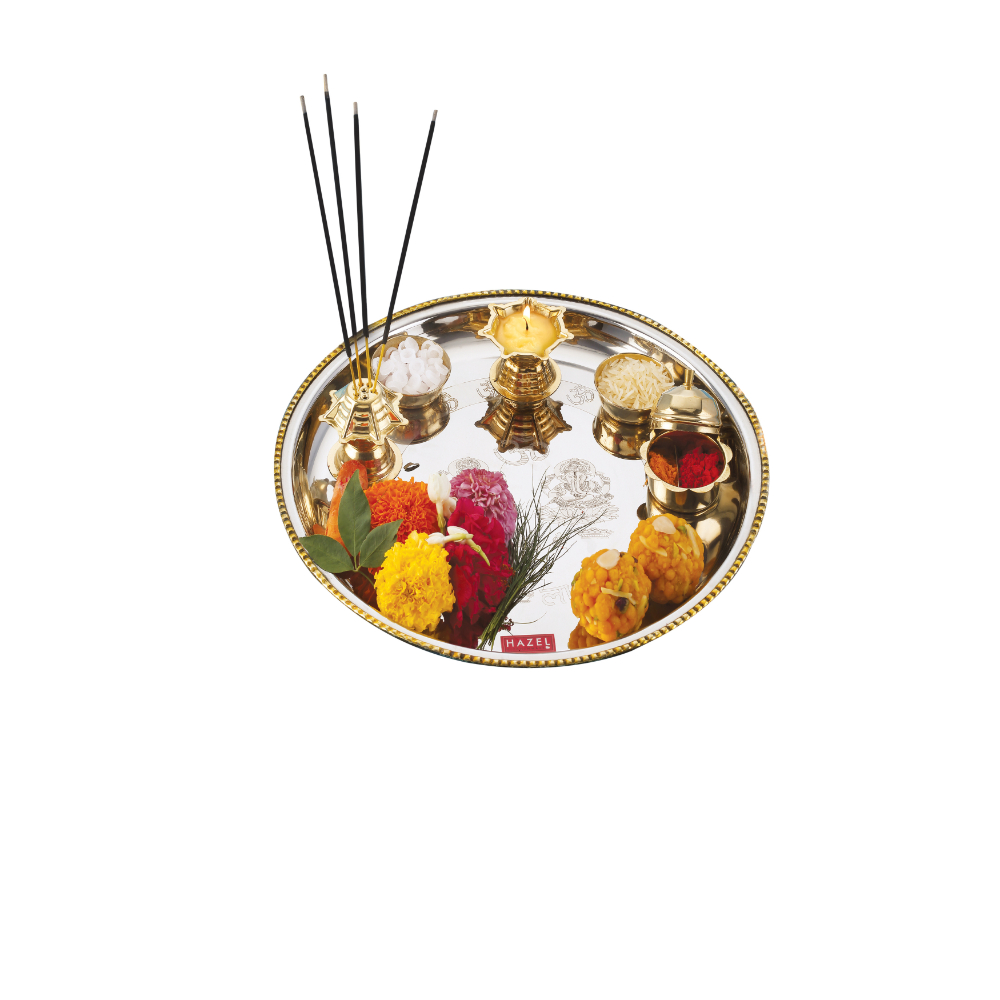 HAZEL Stainless Steel Puja Pooja Aarti Thali Set With 1pc Diya and 2pc wati 28 cm, Silver