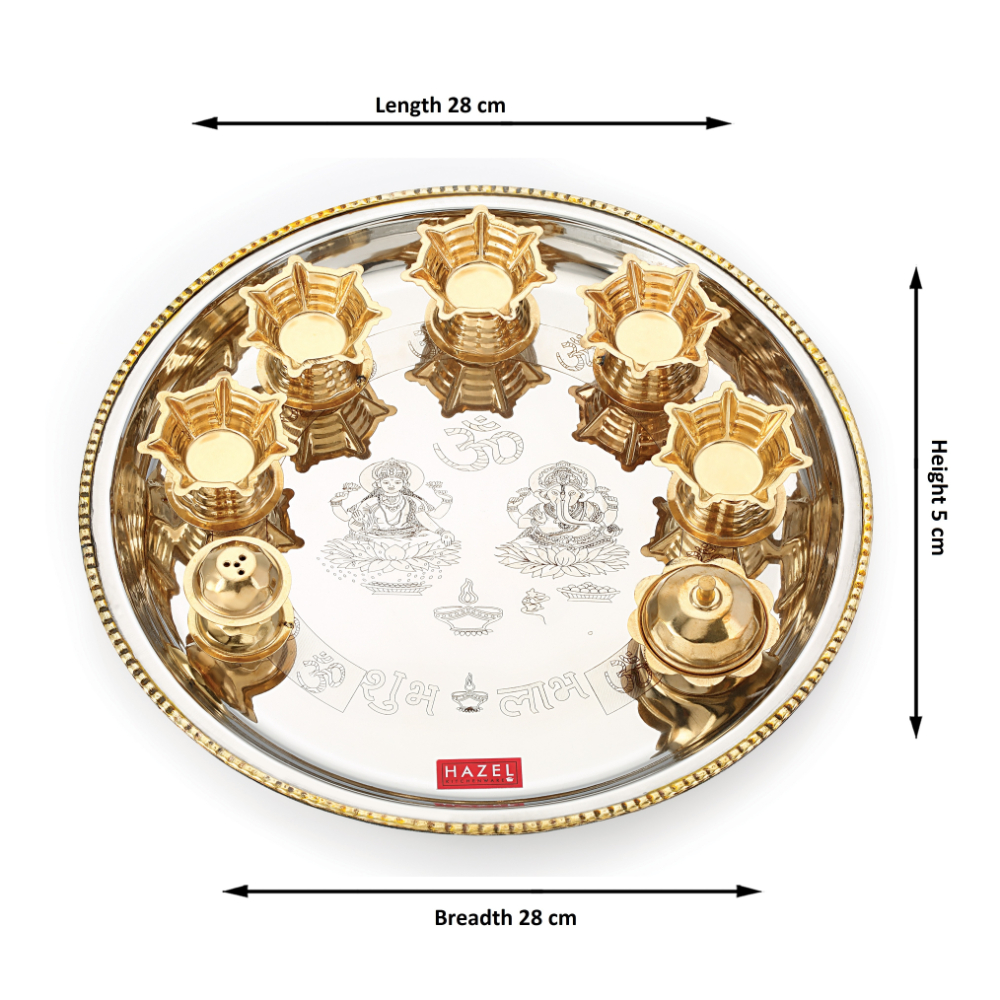 HAZEL Stainless Steel Puja Pooja Aarti Thali Set With 5 pc Diya 28 cm, Silver