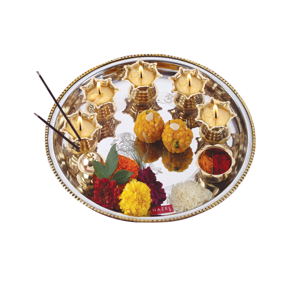 HAZEL Stainless Steel Puja Pooja Aarti Thali Set With 5 pc Diya 28 cm, Silver