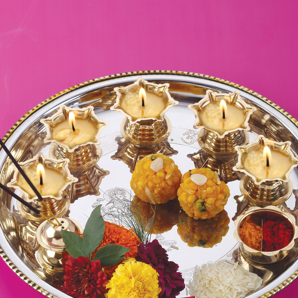 HAZEL Stainless Steel Puja Pooja Aarti Thali Set With 5 pc Diya 28 cm, Silver