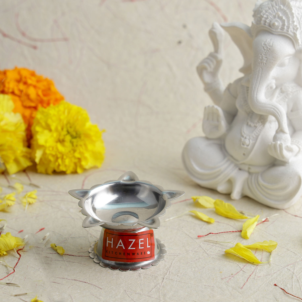 HAZEL Panchwati Diya for Puja | 5 Wati Wicks Oil Lamp Deep For Home Mandir Office Temple Pandol Pujan | Stainless Steel Diva Table Deepak For Pooja (6 x 3 cm)