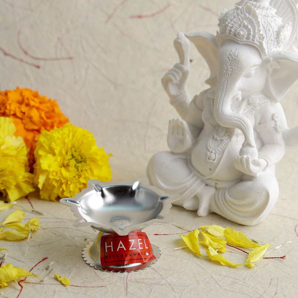 HAZEL Saptawati Diya for Puja | Stainless Steel Diva Table Deepak For Pooja | 7 Wati Wicks Oil Lamp Deep For Home Mandir Office Temple Pandol Pujan (5 x 3 cm)