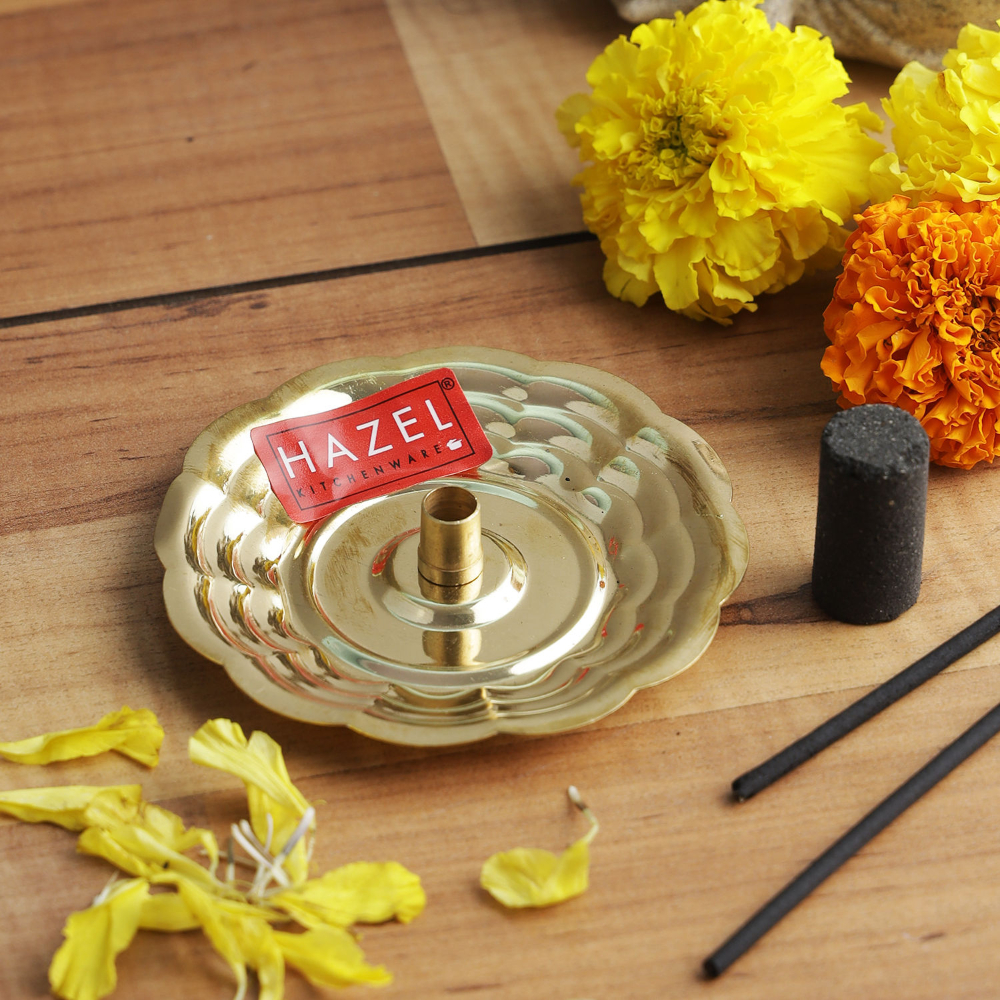 HAZEL Dhoop Stand For Puja | Brass Dhoop Batti Holder | Incense Stick Stand with Ash Catcher For Pooja | Dhup Stick Stand (8 x 1.5 cm)