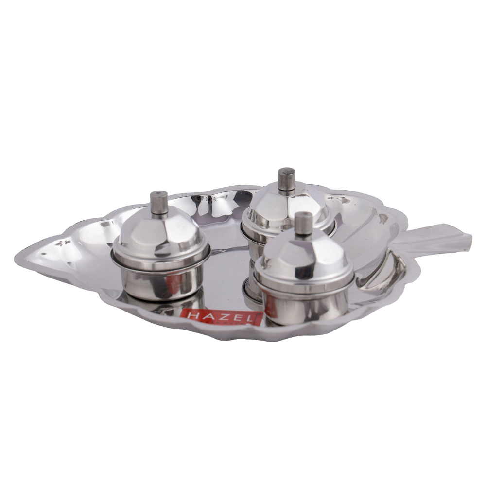 HAZEL Haldi Kumkum Box For Puja | Multi-Purpose Leaf Shaped Stainless Steel Karanda Sindoor Box Pooja | Paan Koiri Kunku Container (13.5 x 5 cm)